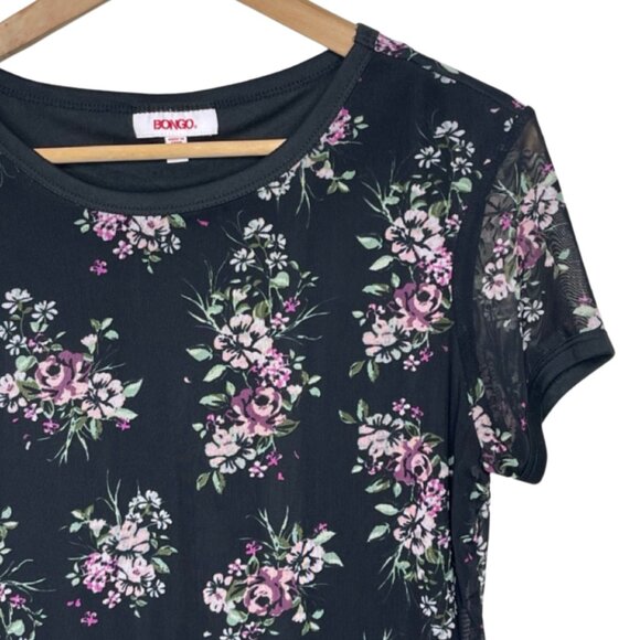 BONGO | Black Floral Mini Shirt Dress Short Sleeve Purple Flowers | Size L - Picture 2 of 9